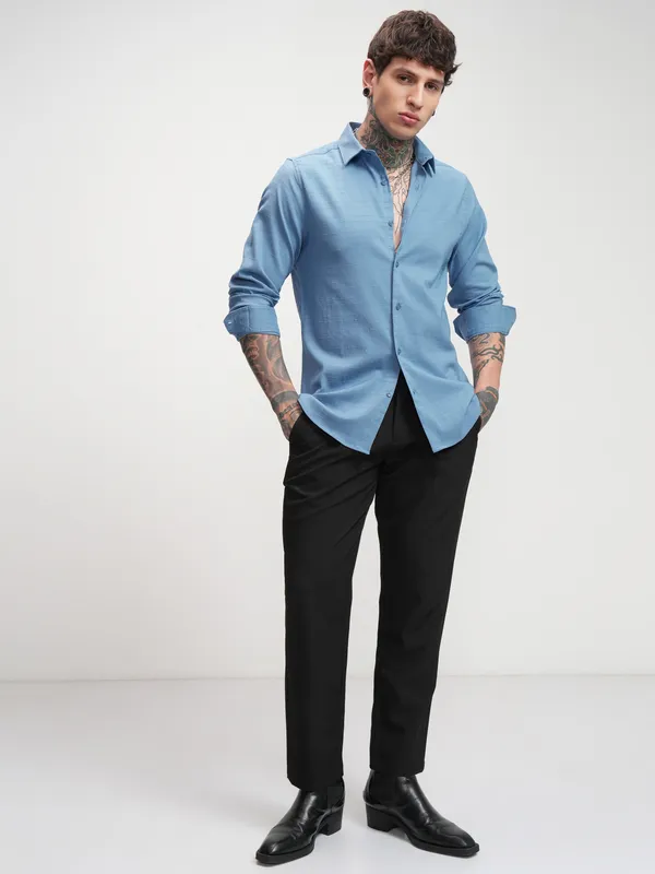 Highlander Men Blue Self Design Slim Fit Casual Shirt