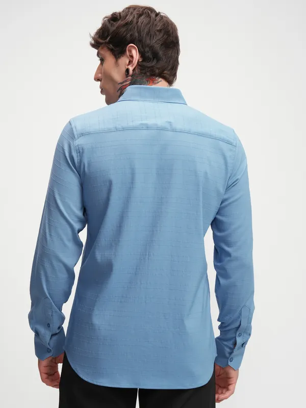Highlander Men Blue Self Design Slim Fit Casual Shirt