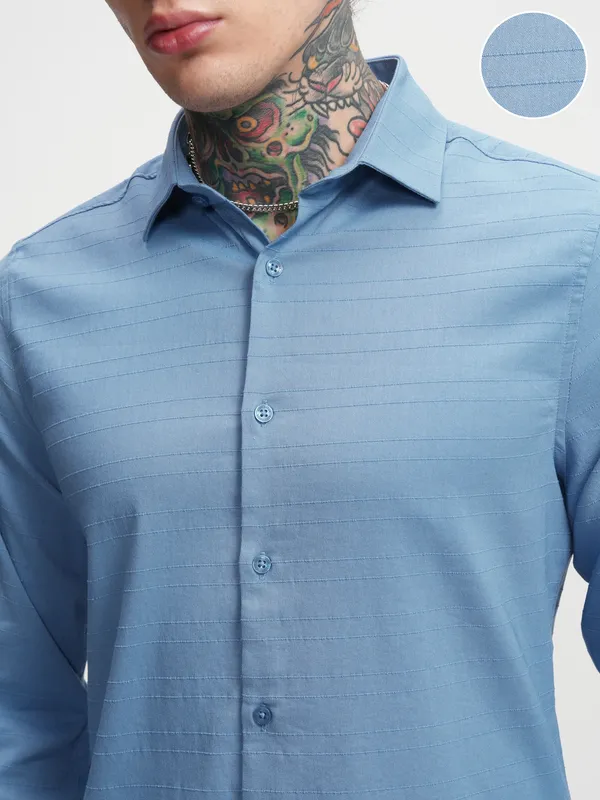 Highlander Men Blue Self Design Slim Fit Casual Shirt