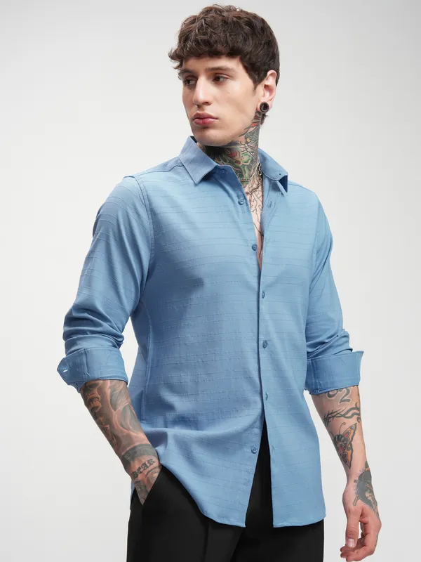 Highlander Men Blue Self Design Slim Fit Casual Shirt