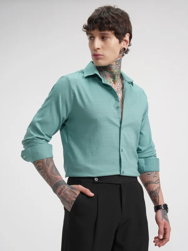 Highlander Men Green Striped Slim Fit Casual Shirt