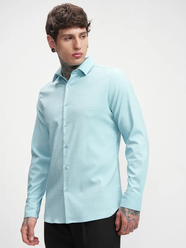 Highlander Men Blue Self Design Slim Fit Casual Shirt