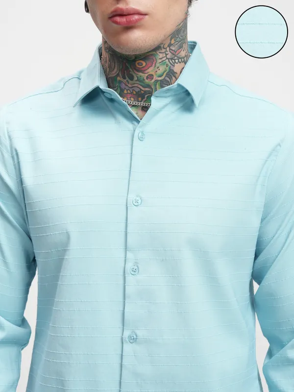 Highlander Men Blue Self Design Slim Fit Casual Shirt