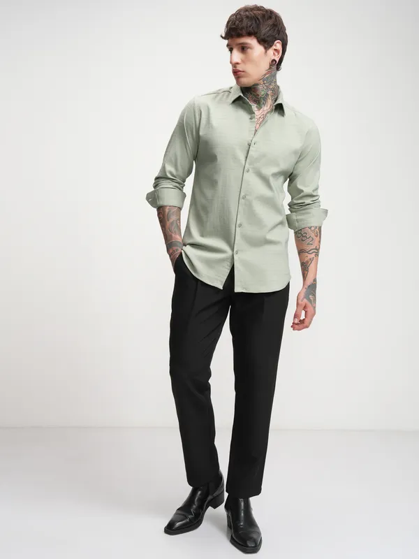 Highlander Men Green Self Design Slim Fit Casual Shirt