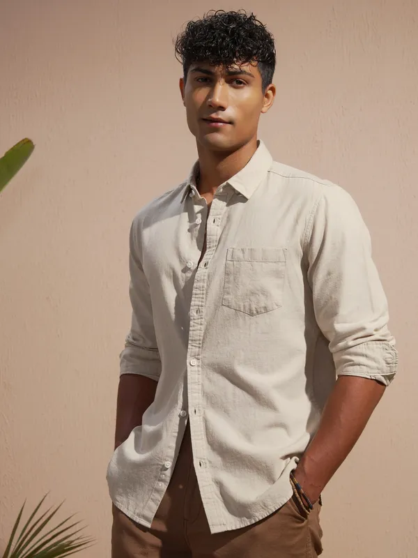 Highlander Men Cream Solid Slim Fit Casual Shirt