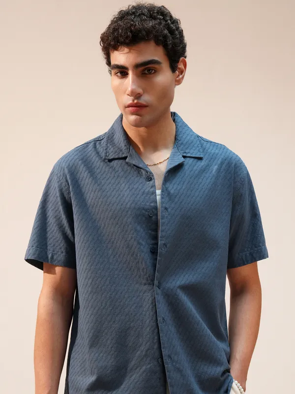 Highlander Men Blue Self Design Relaxed Fit Casual Shirt