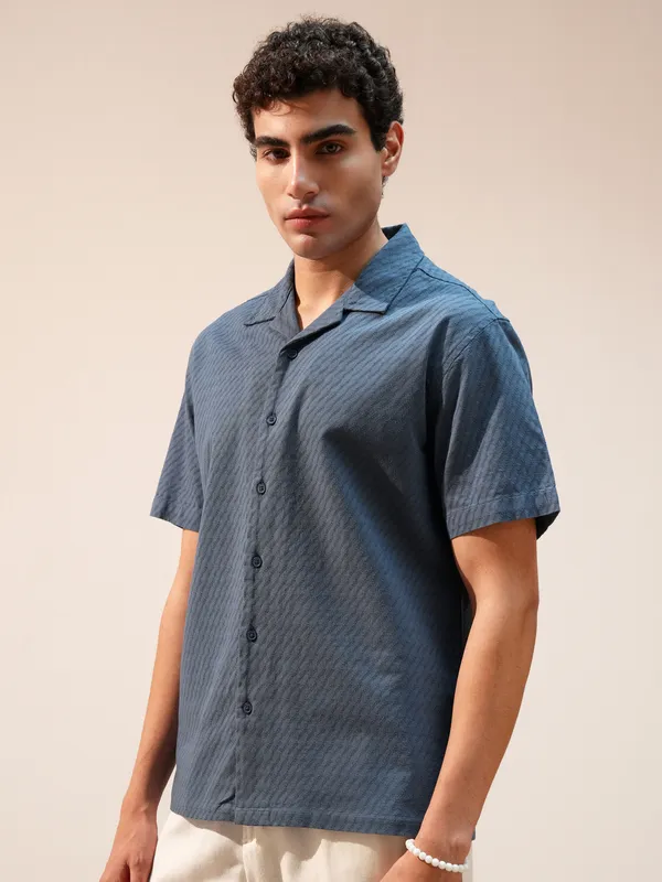 Highlander Men Blue Self Design Relaxed Fit Casual Shirt