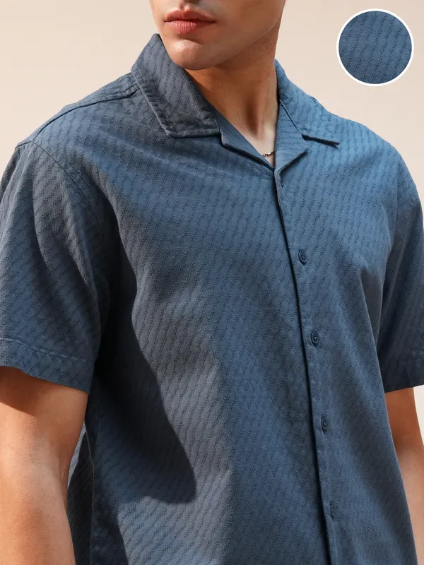 Highlander Men Blue Self Design Relaxed Fit Casual Shirt
