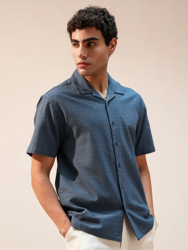 Highlander Men Blue Self Design Relaxed Fit Casual Shirt