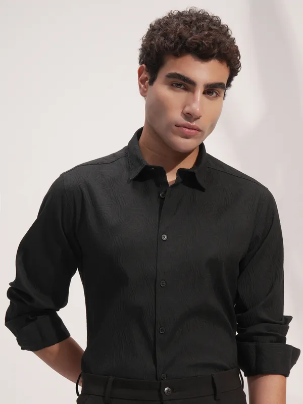 Highlander Men Black Self Design Slim Fit Casual Shirt