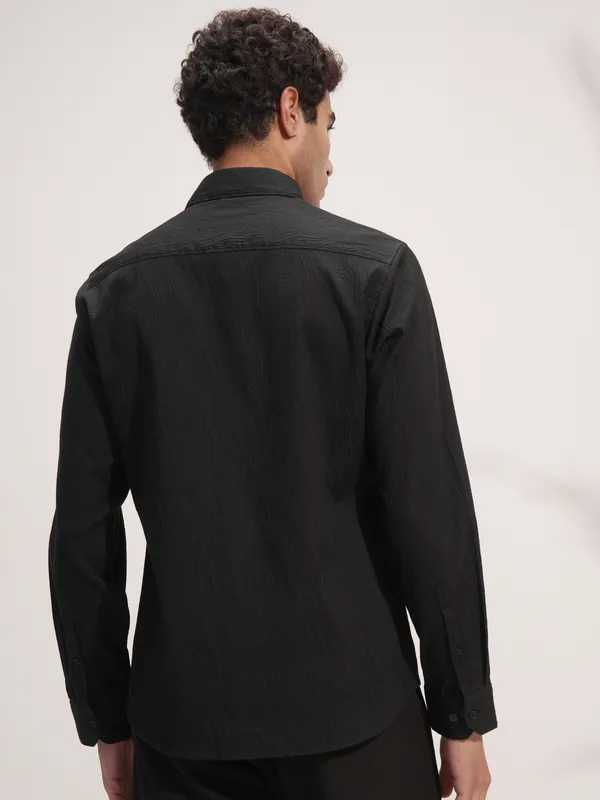 Highlander Men Black Self Design Slim Fit Casual Shirt