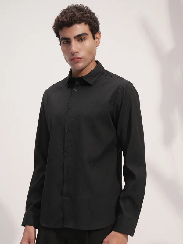 Highlander Men Black Self Design Slim Fit Casual Shirt