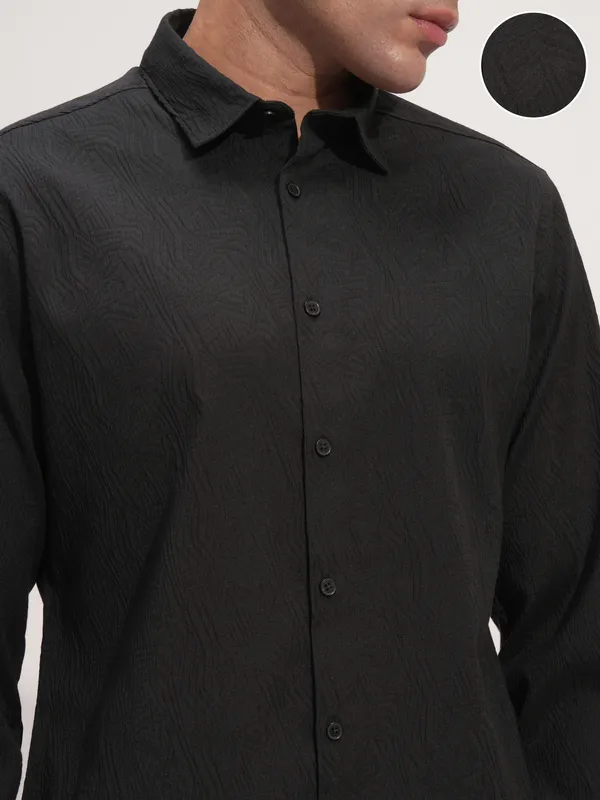 Highlander Men Black Self Design Slim Fit Casual Shirt