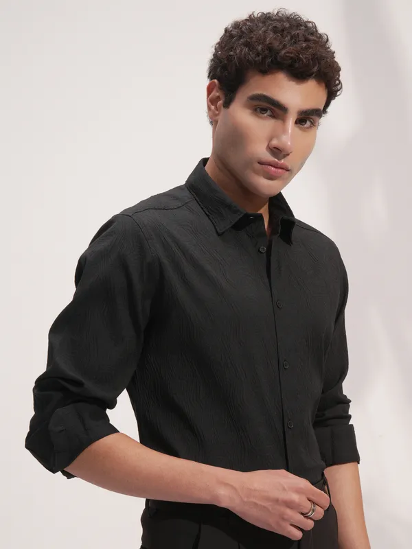 Highlander Men Black Self Design Slim Fit Casual Shirt