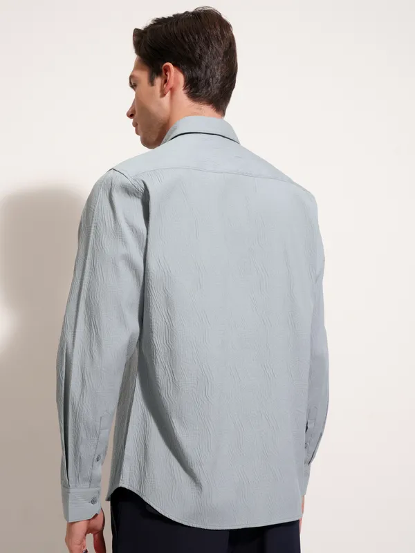 Highlander Men Grey Self Design Slim Fit Casual Shirt