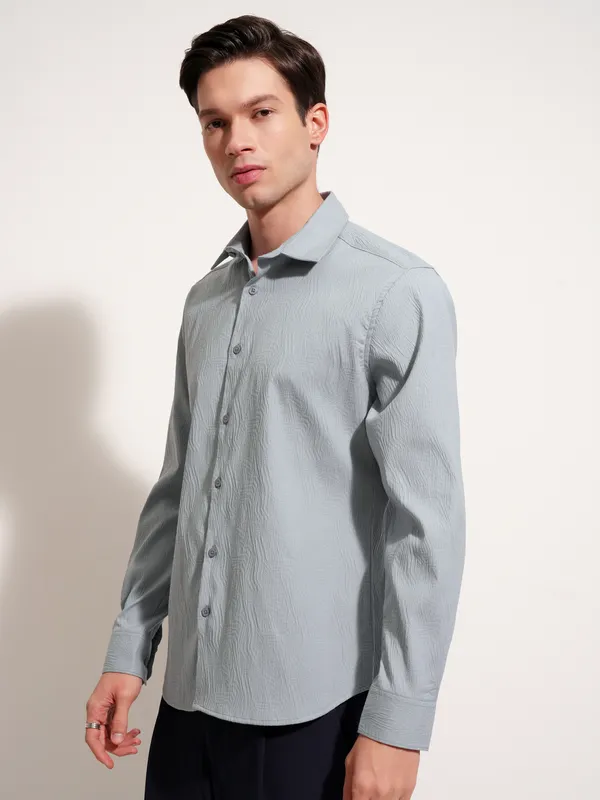 Highlander Men Grey Self Design Slim Fit Casual Shirt
