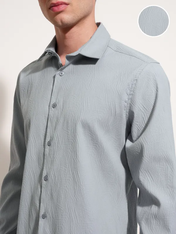 Highlander Men Grey Self Design Slim Fit Casual Shirt