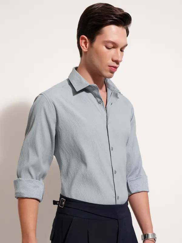 Highlander Men Grey Self Design Slim Fit Casual Shirt