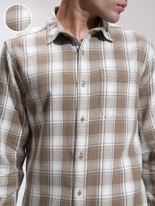 Highlander Men Khaki Checked Slim Fit Casual Shirt