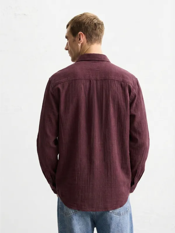 Highlander Men Maroon Self Design Relaxed Fit Casual Shirt