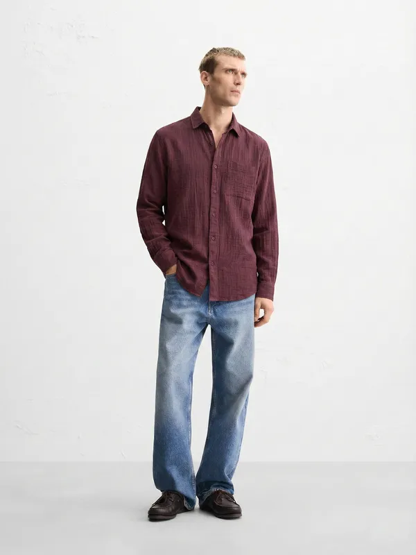 Highlander Men Maroon Self Design Relaxed Fit Casual Shirt