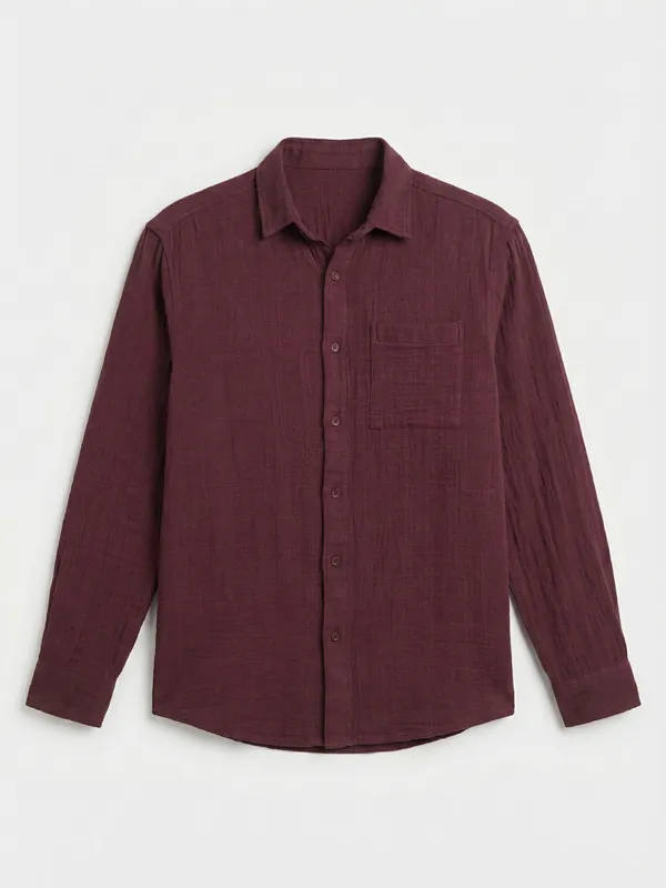 Highlander Men Maroon Self Design Relaxed Fit Casual Shirt