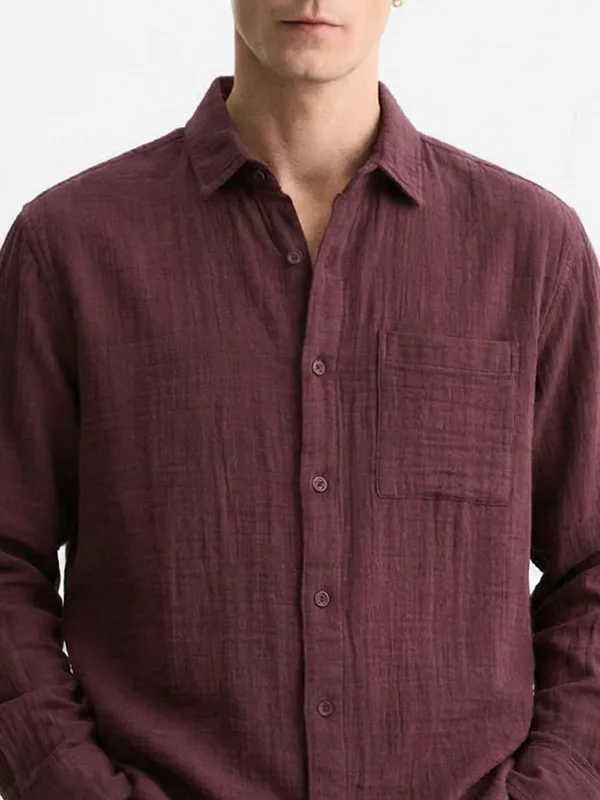Highlander Men Maroon Self Design Relaxed Fit Casual Shirt