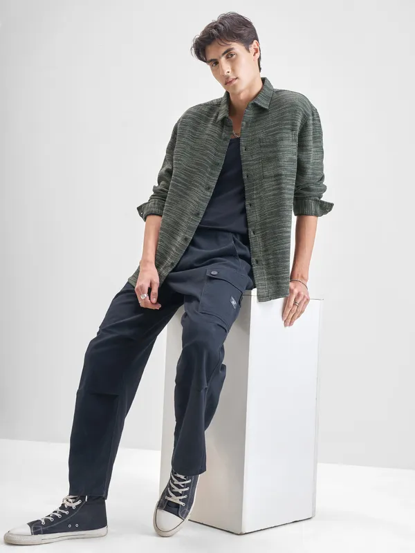 Highlander Men Black Self Design Relaxed Fit Casual Shirt