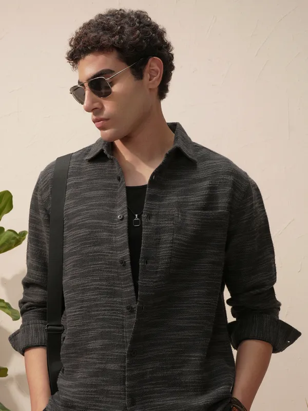 Highlander Men Black Self Design Relaxed Fit Casual Shirt