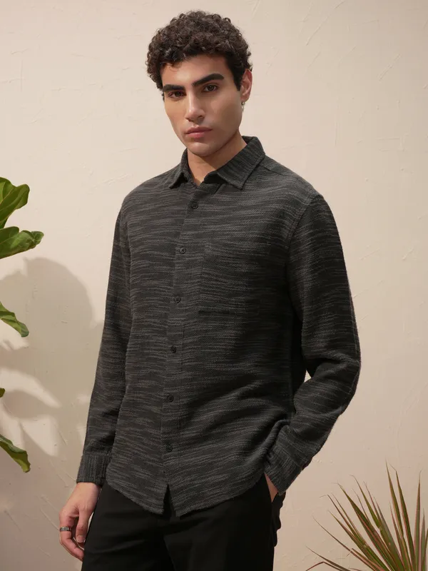 Highlander Men Black Self Design Relaxed Fit Casual Shirt