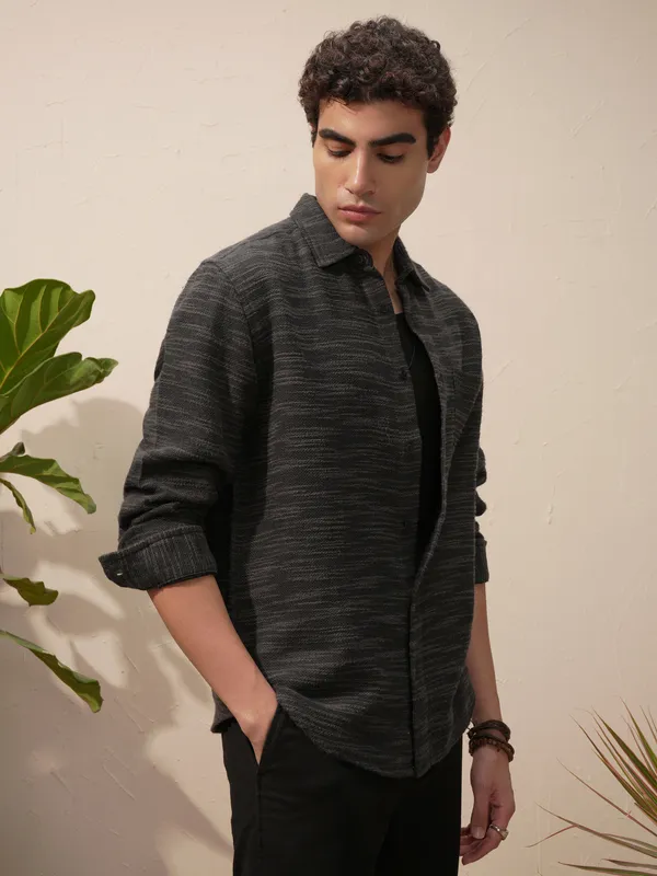 Highlander Men Black Self Design Relaxed Fit Casual Shirt