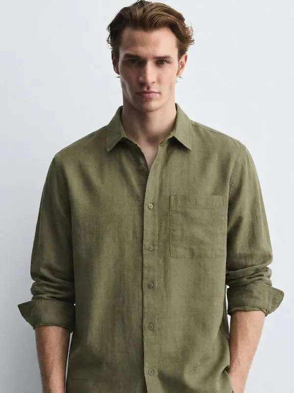 Highlander Men Green Self Design Relaxed Fit Casual Shirt