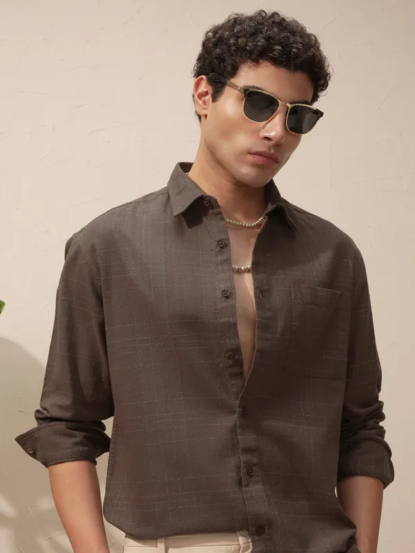 Highlander Men Brown Self Design Relaxed Fit Casual Shirt