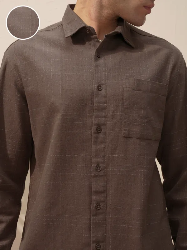 Highlander Men Brown Self Design Relaxed Fit Casual Shirt