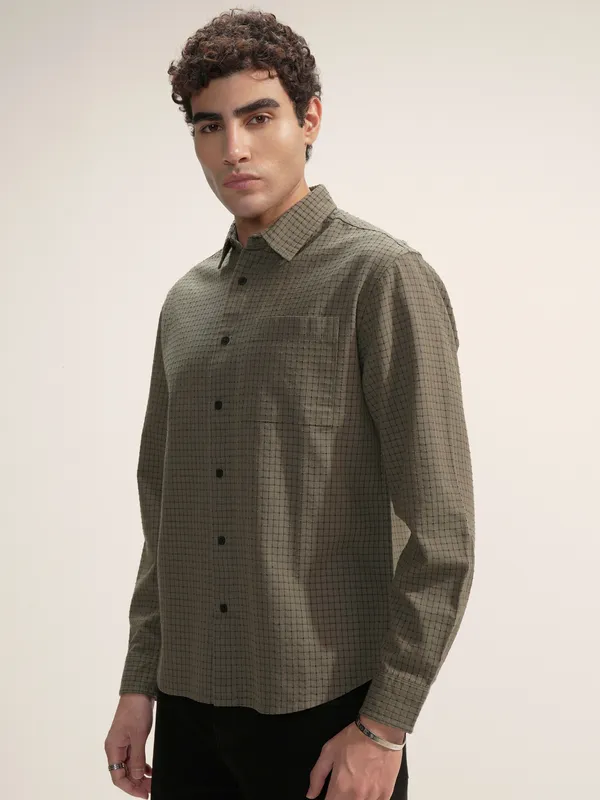 Highlander Men Olive Checked Relaxed Fit Casual Shirt