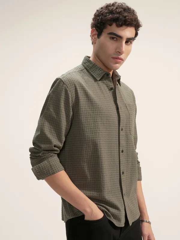 Highlander Men Olive Checked Relaxed Fit Casual Shirt