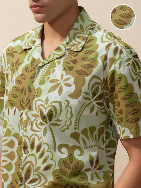 Highlander Men Olive Printed Relaxed Fit Casual Shirt