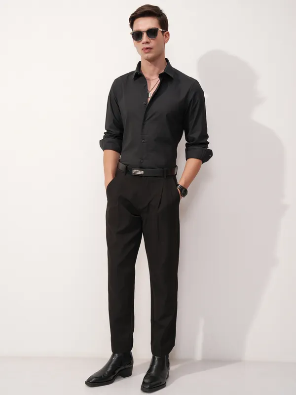 Highlander Men Black Self Design Slim Fit Casual Shirt