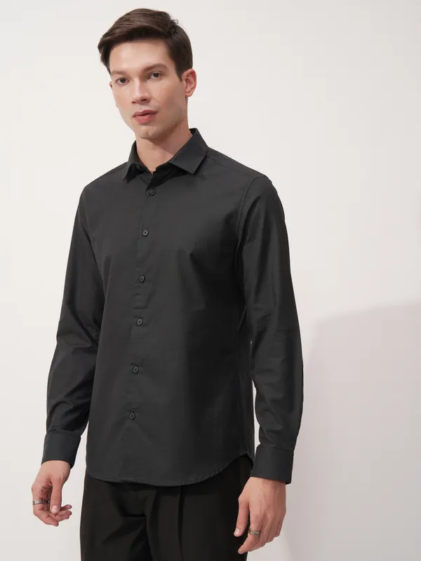 Highlander Men Black Self Design Slim Fit Casual Shirt