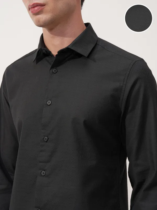 Highlander Men Black Self Design Slim Fit Casual Shirt