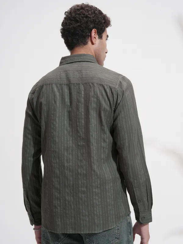 Highlander Men Olive Self Design Slim Fit Casual Shirt