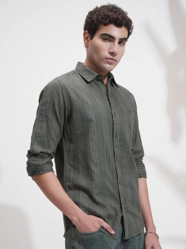Highlander Men Olive Self Design Slim Fit Casual Shirt