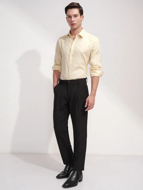 Highlander Men Cream Self Design Slim Fit Casual Shirt