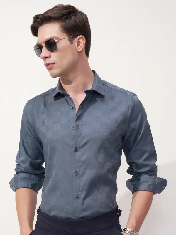 Highlander Men Blue Self Design Slim Fit Casual Shirt