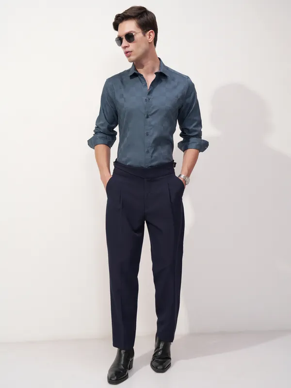 Highlander Men Blue Self Design Slim Fit Casual Shirt