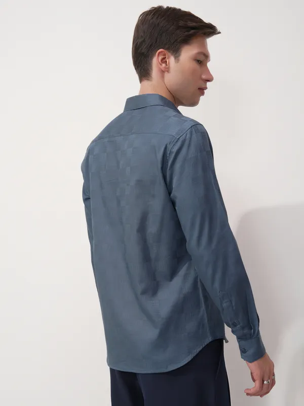 Highlander Men Blue Self Design Slim Fit Casual Shirt