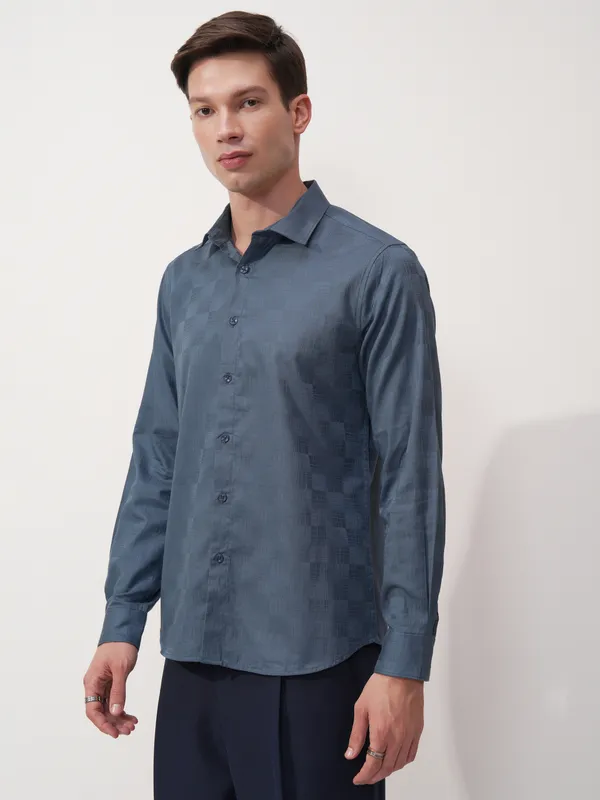 Highlander Men Blue Self Design Slim Fit Casual Shirt