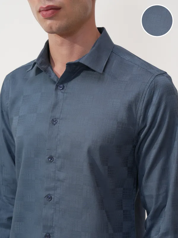 Highlander Men Blue Self Design Slim Fit Casual Shirt