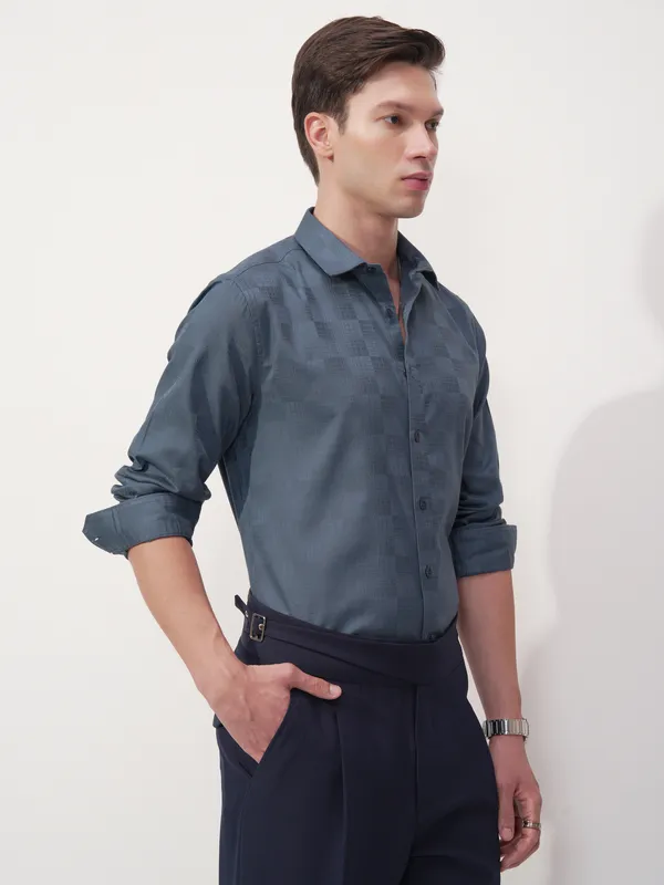 Highlander Men Blue Self Design Slim Fit Casual Shirt