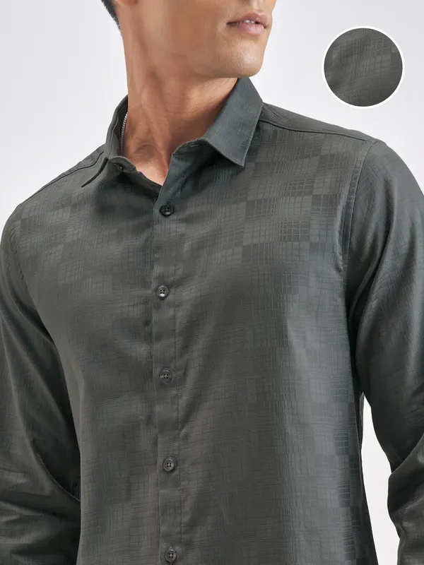 Highlander Men Charcoal Self Design Slim Fit Casual Shirt